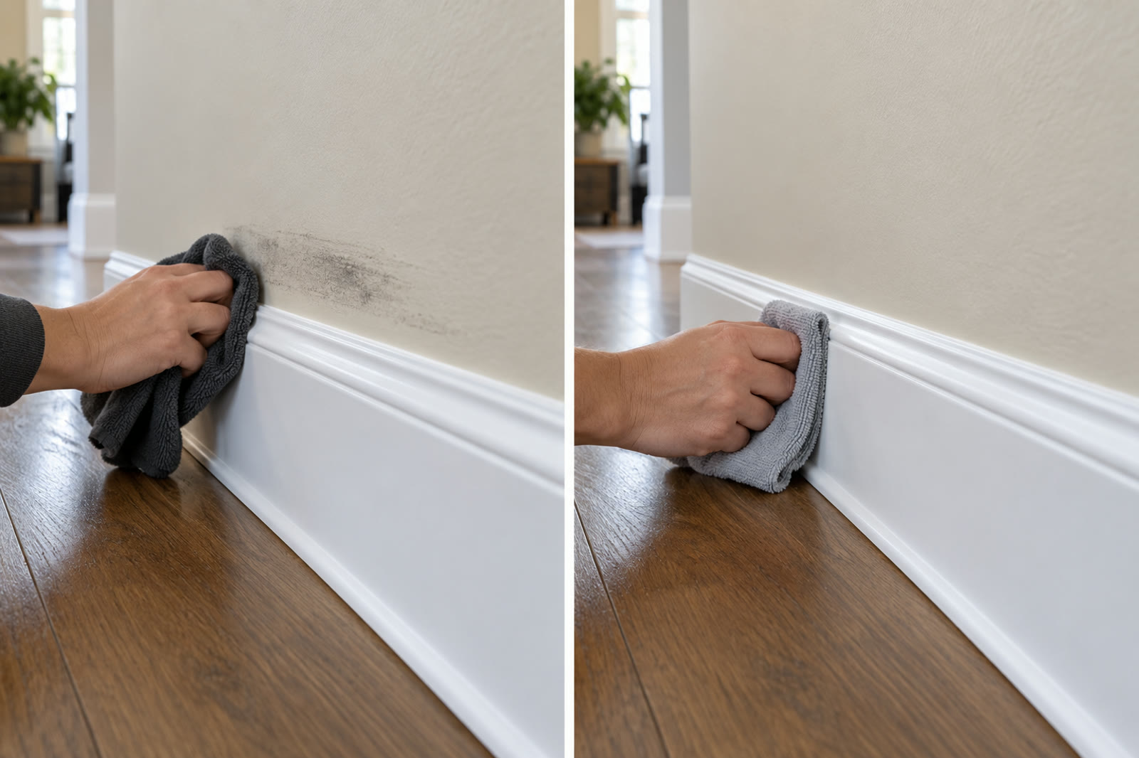 Baseboard soaked versus damp cloth