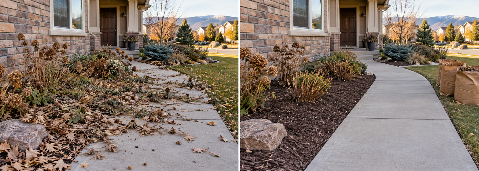 Autumn garden cleanup before and after