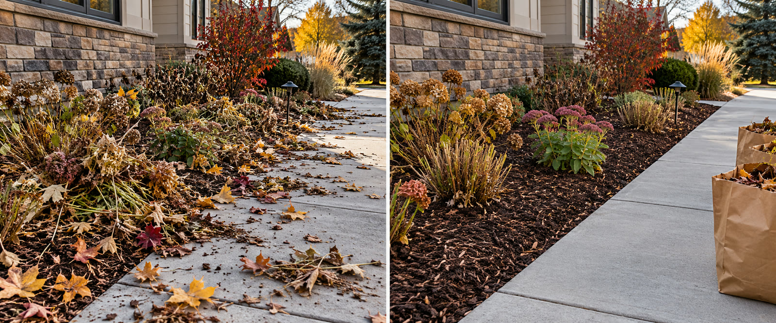 Autumn garden cleanup before and after