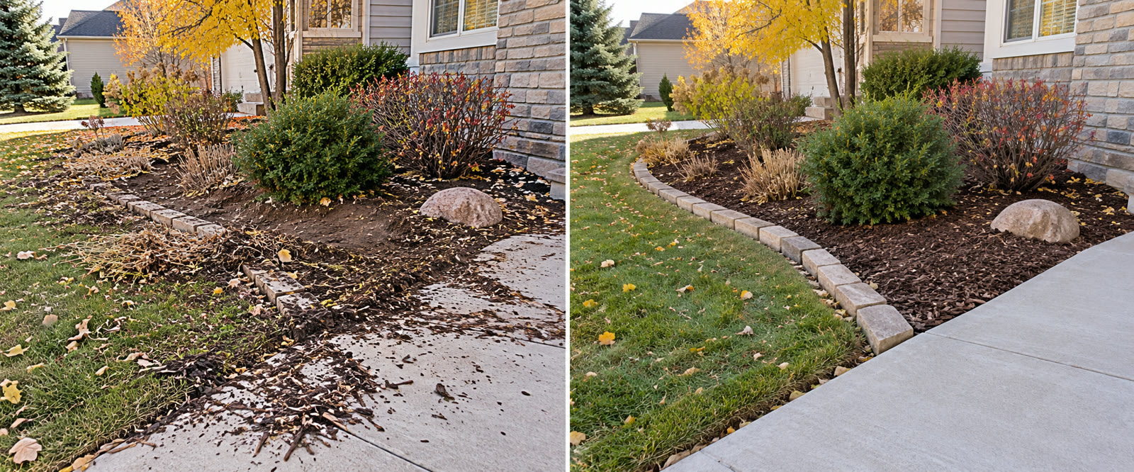 Mulch bed cleanup before and after