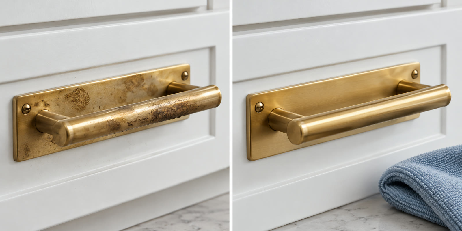 Brass handle scrubbed versus wiped gently