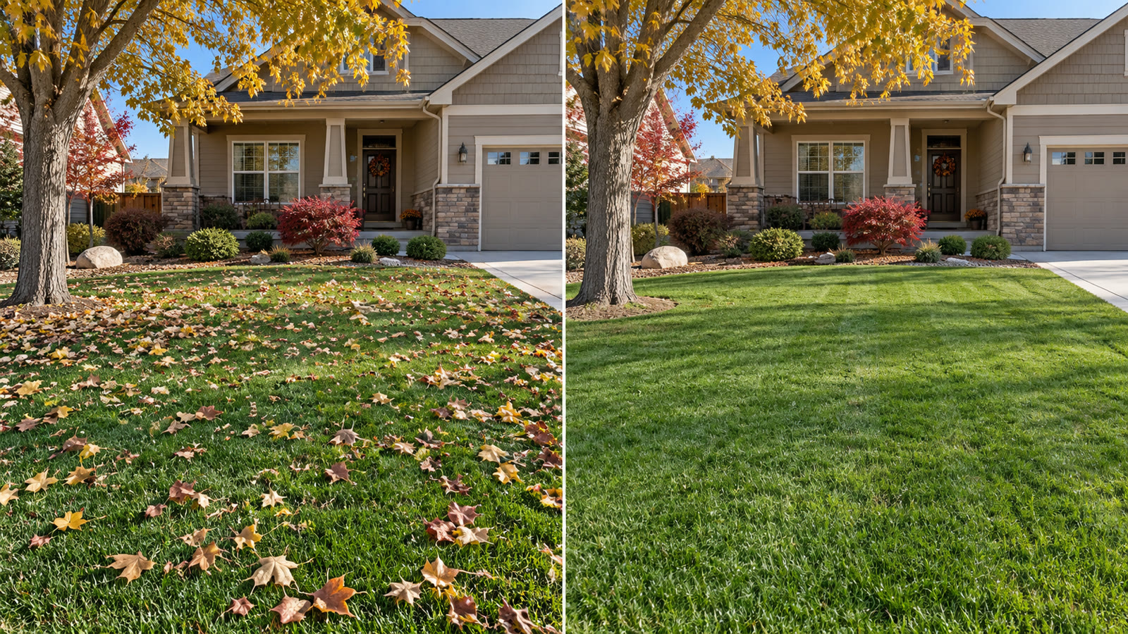 Autumn leaf raking messy vs tidy