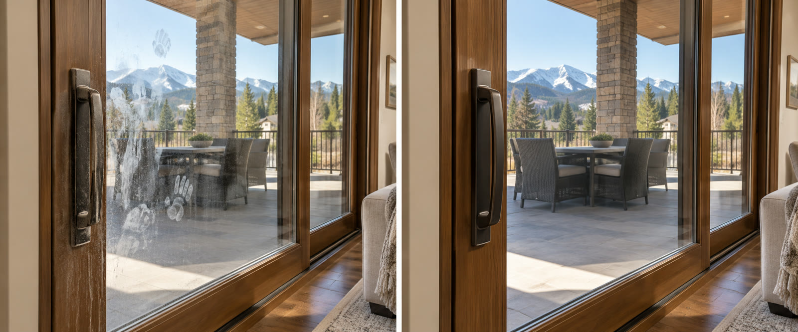 Patio door inside before and after