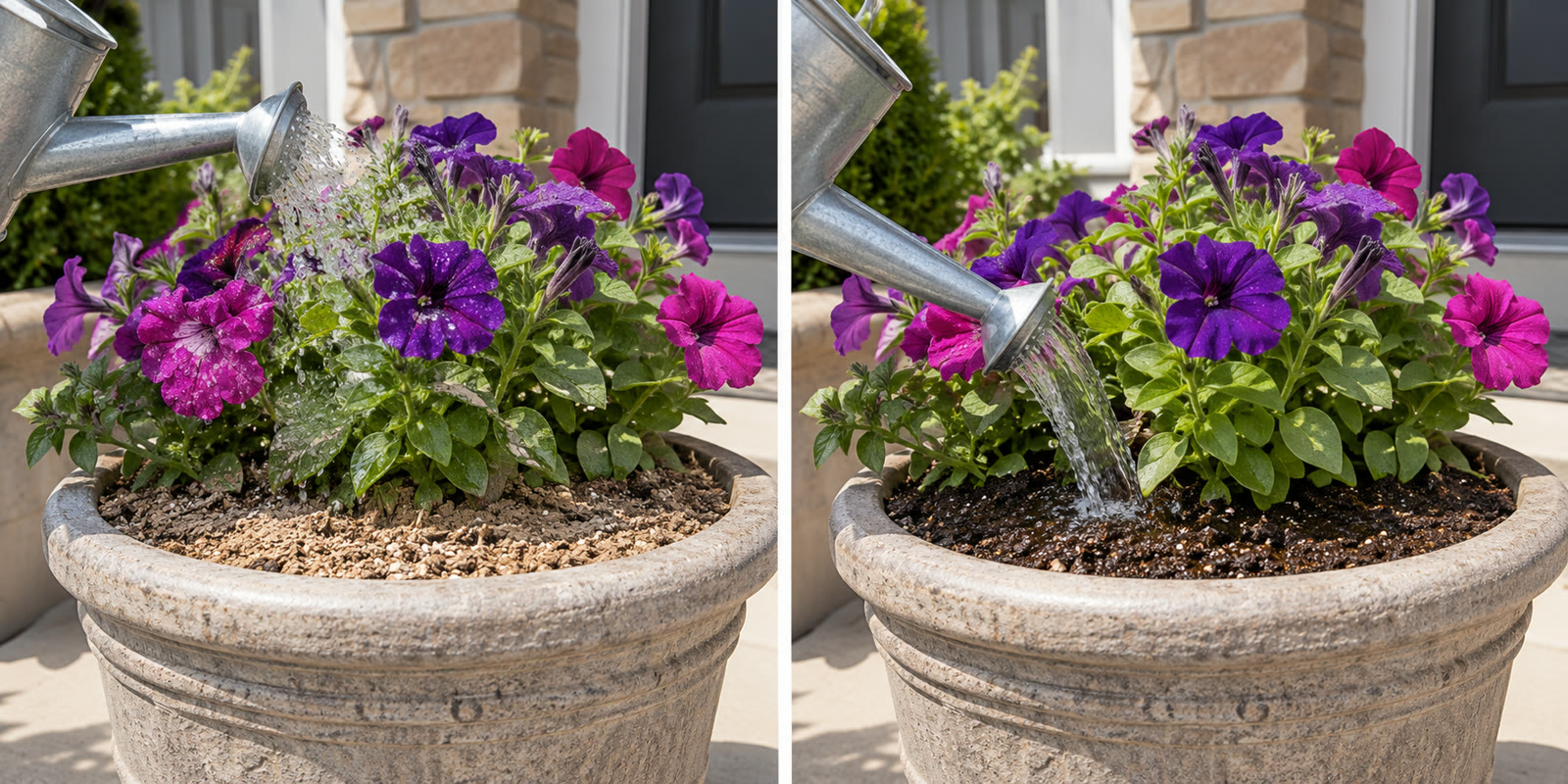 Hanging basket splashed versus soaked at the soil