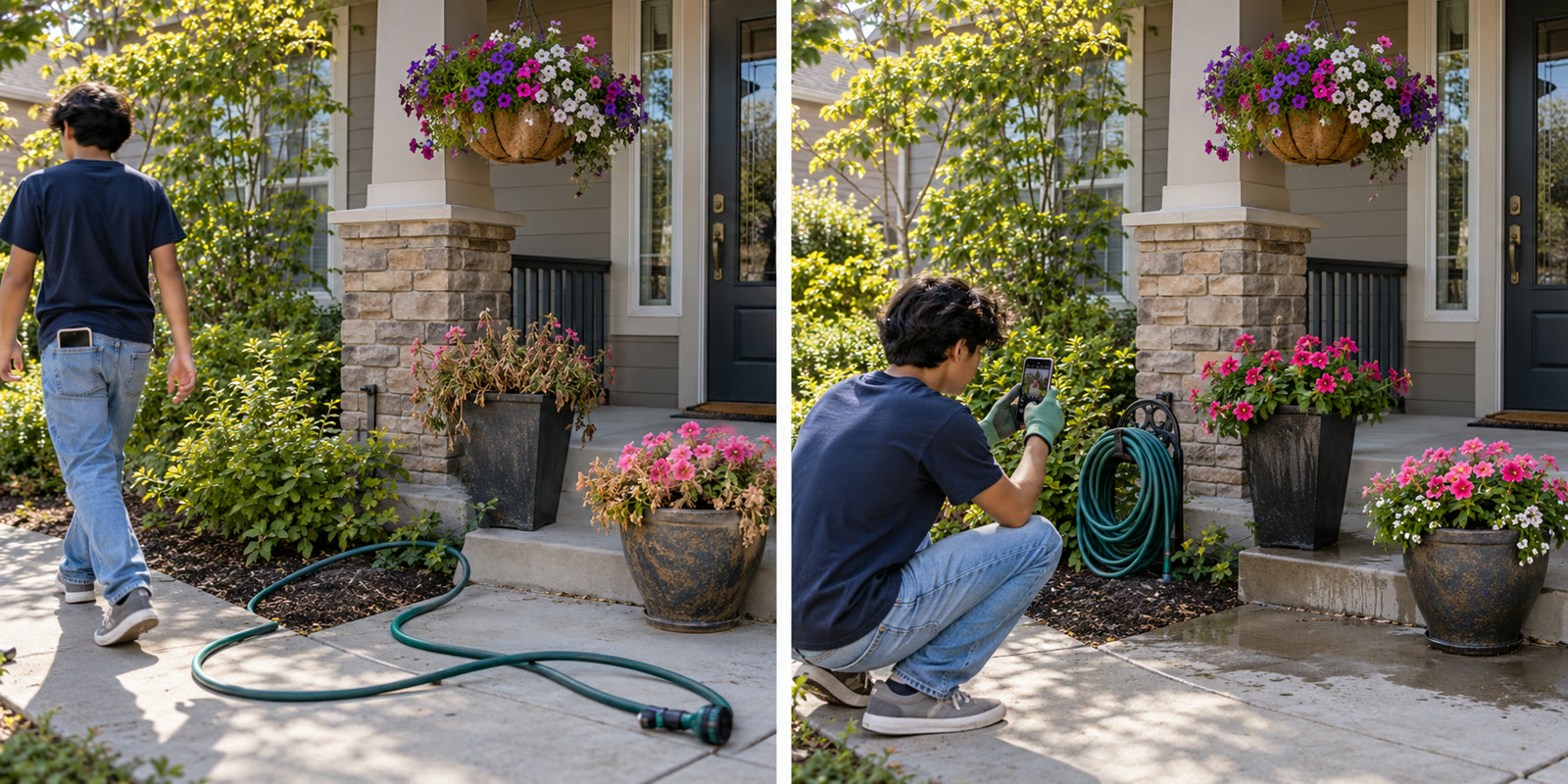 Porch plants before and after the visit
