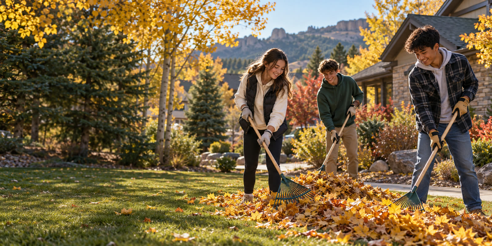 Three crew members raking leaves into rows on a front lawn