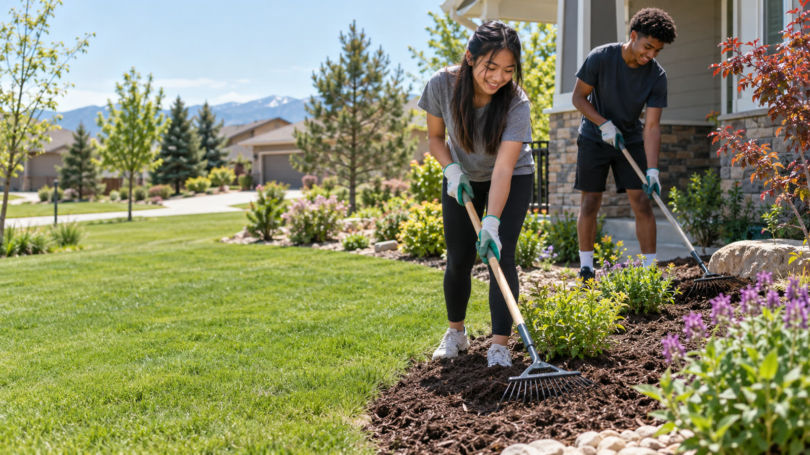 Two crew members spreading mulch in a garden bed