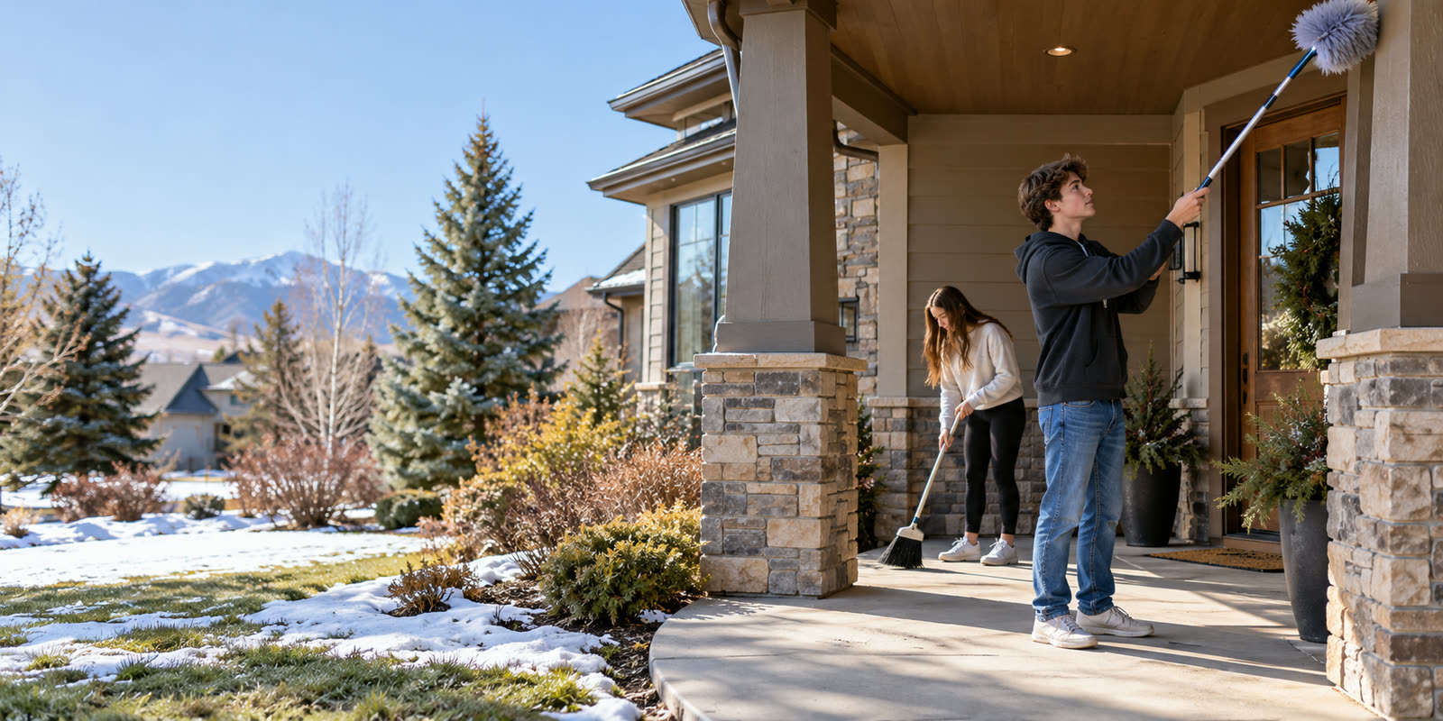 A crew member sweeping a front porch in daylight